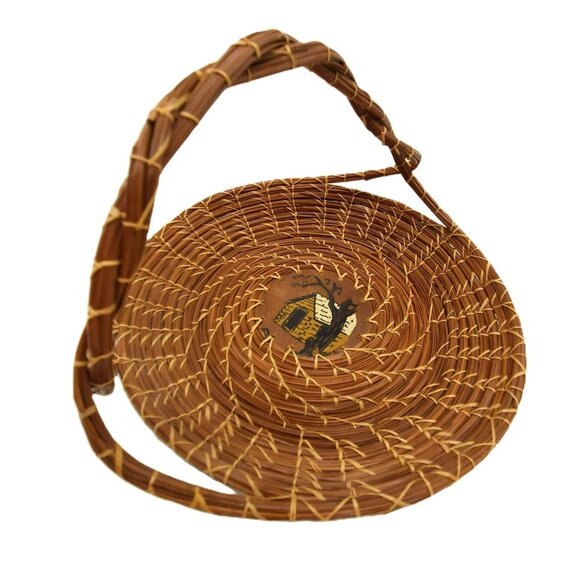 VTG Handcrafted Coiled Pine Needle Basket With Twisted Handles & Hand Painted - Picture 1 of 13